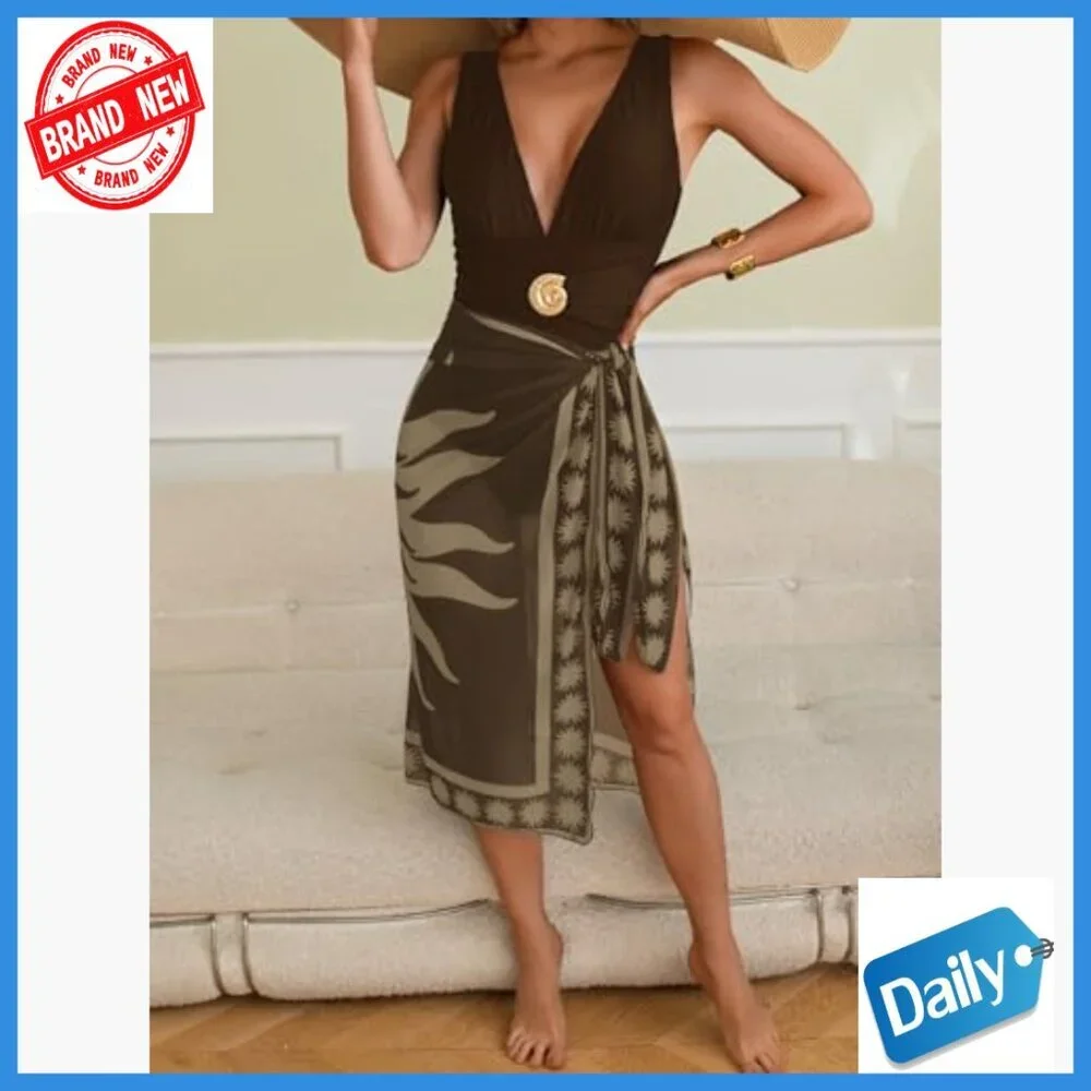 One Piece Swimsuit with Cover Up Wrap Skirt Plunge V Neck Floral Print